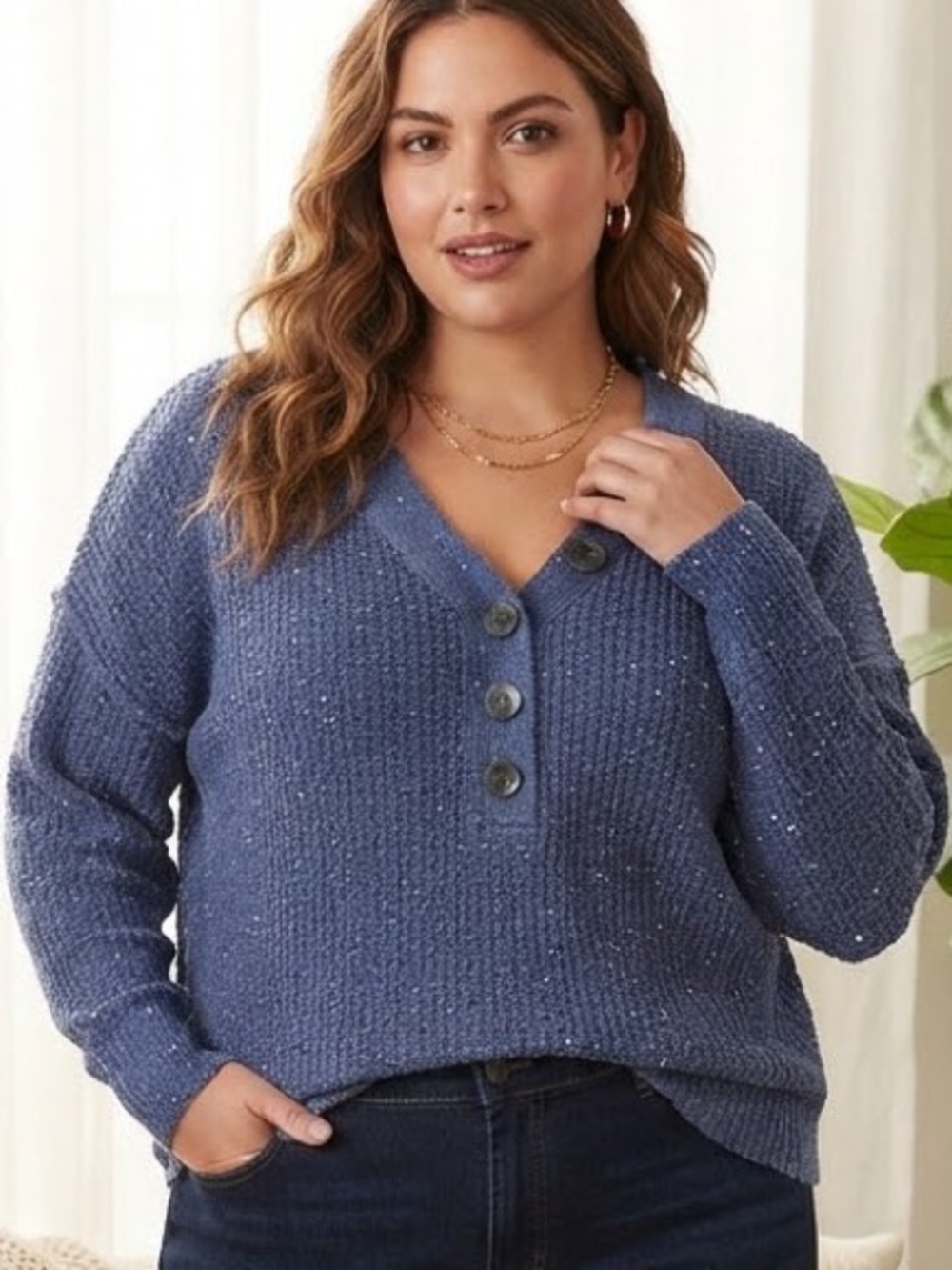 a.n.a Blue V-Neck Button Front Knit Sweater